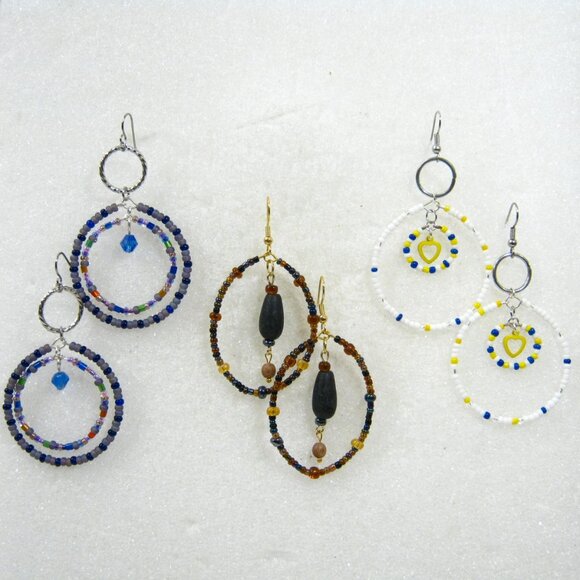 Set of Handcrafted BOHO Hippie style Large Glass Beaded Hoop Earrings  2.5in - Picture 9 of 9
